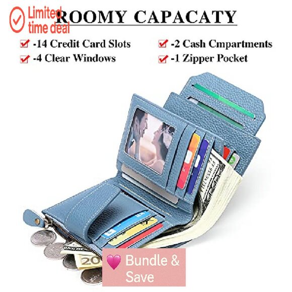 Leather Bifold RFID Blocking Wallet Compact Women's Purse with 14 Card Slots - Picture 5 of 7